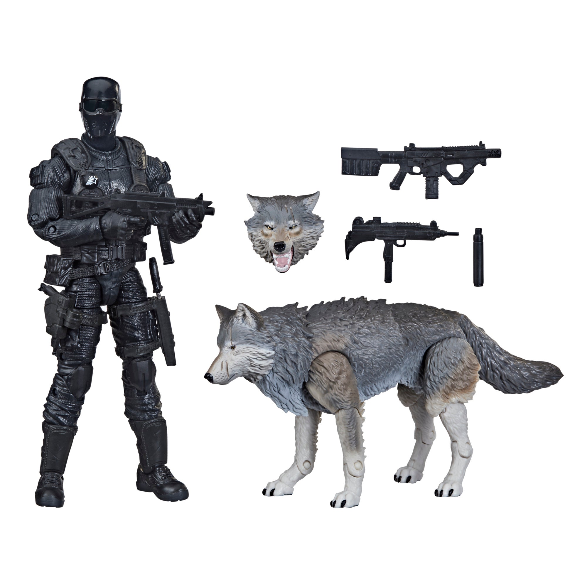 G.I. Joe Classified Series Snake Eyes & Timber white background with all 5 accessories laid out