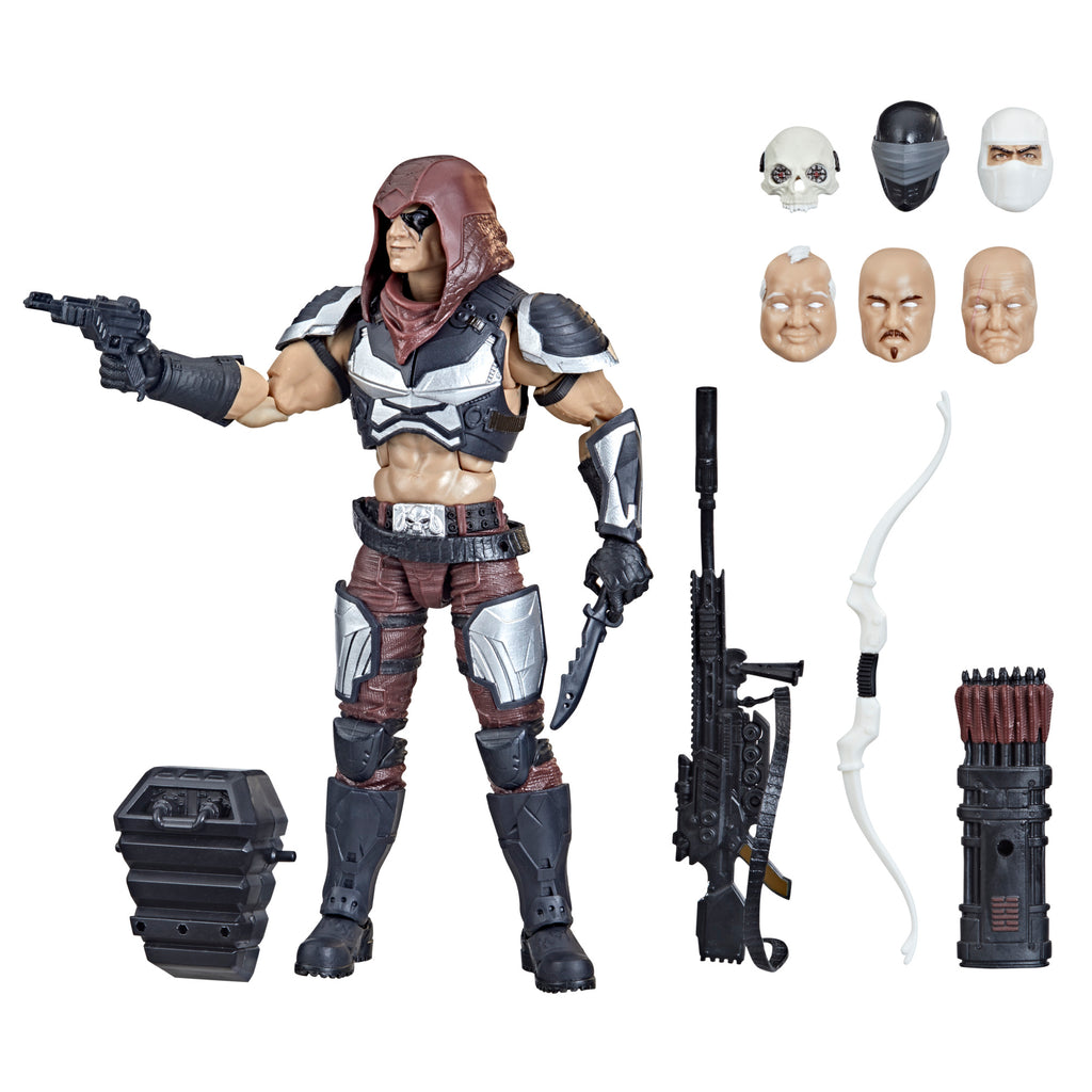 G.I. Joe Classified Series Master of Disguise Zartan white background with all 13 accessories including 6 alternate heads