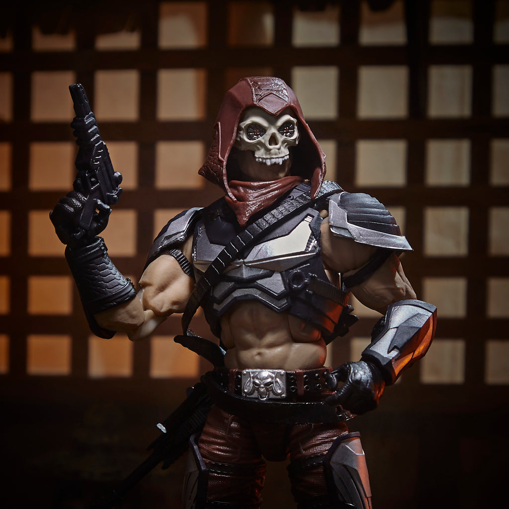 G.I. Joe Classified Series Zartan close-up portrait with skull mask and hood raised holding pistol
