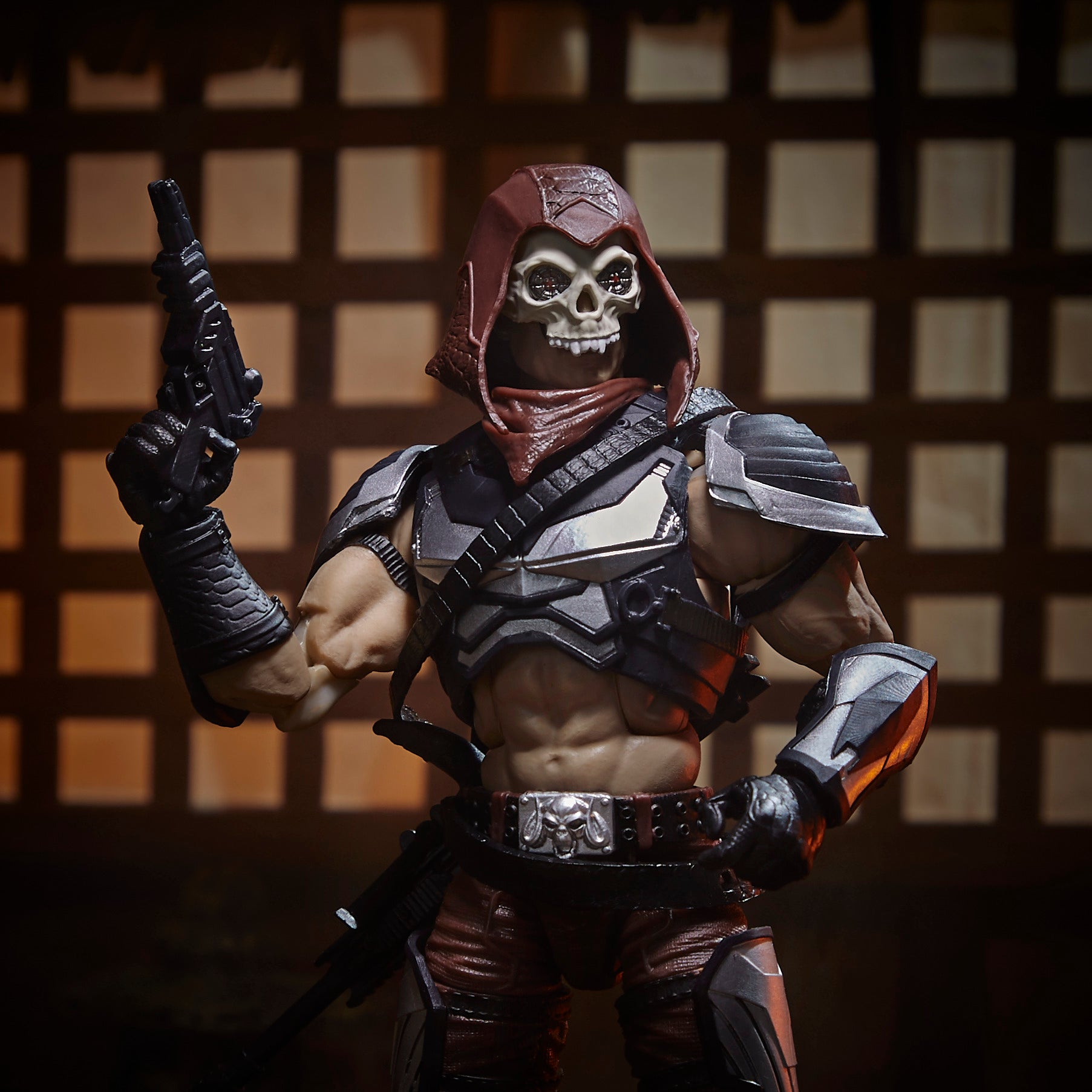 G.I. Joe Classified Series Zartan close-up portrait with skull mask and hood raised holding pistol