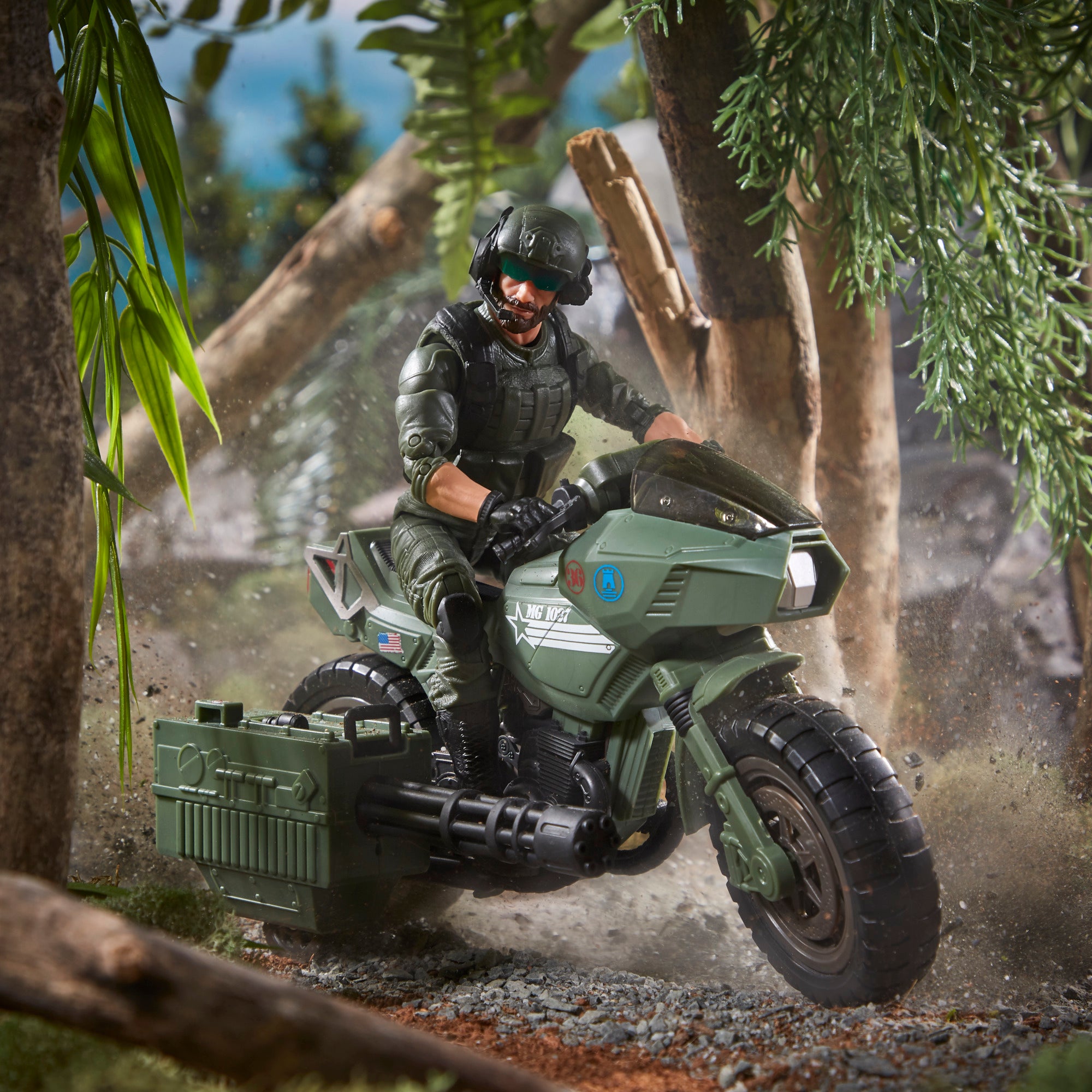 G.I. Joe Classified Series Breaker riding RAM Cycle through jungle diorama
