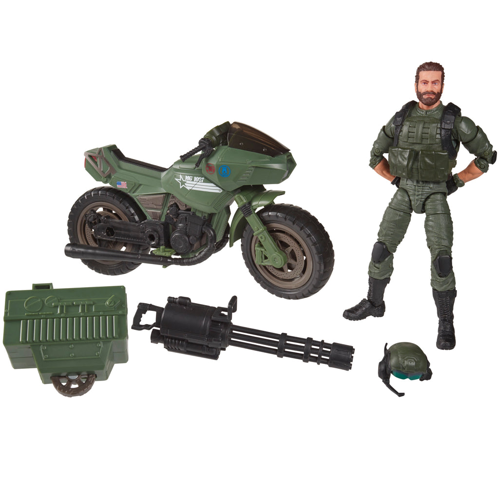 G.I. Joe Classified Series Breaker with RAM Cycle white background figure and vehicle with accessories laid out
