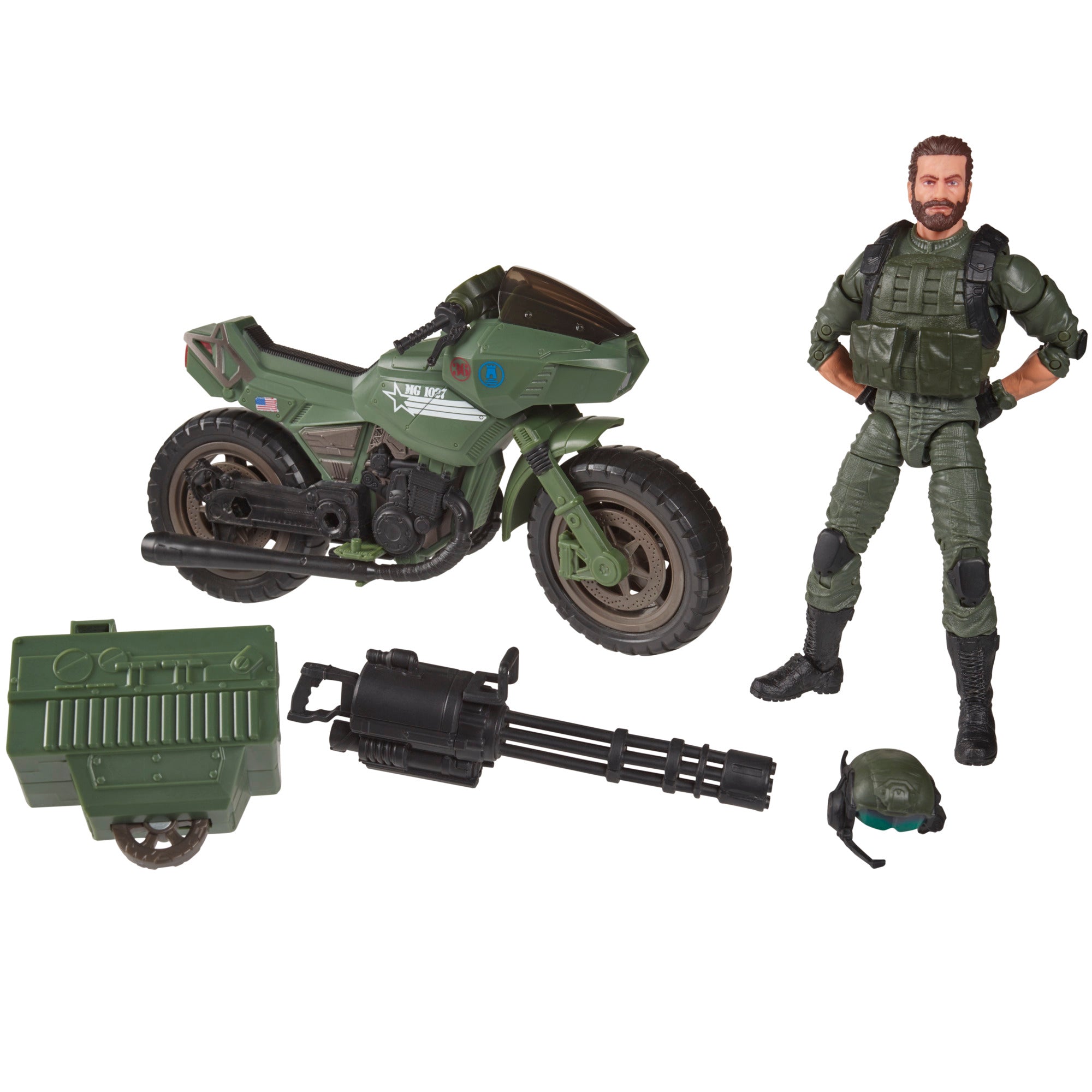 G.I. Joe Classified Series Breaker with RAM Cycle white background figure and vehicle with accessories laid out