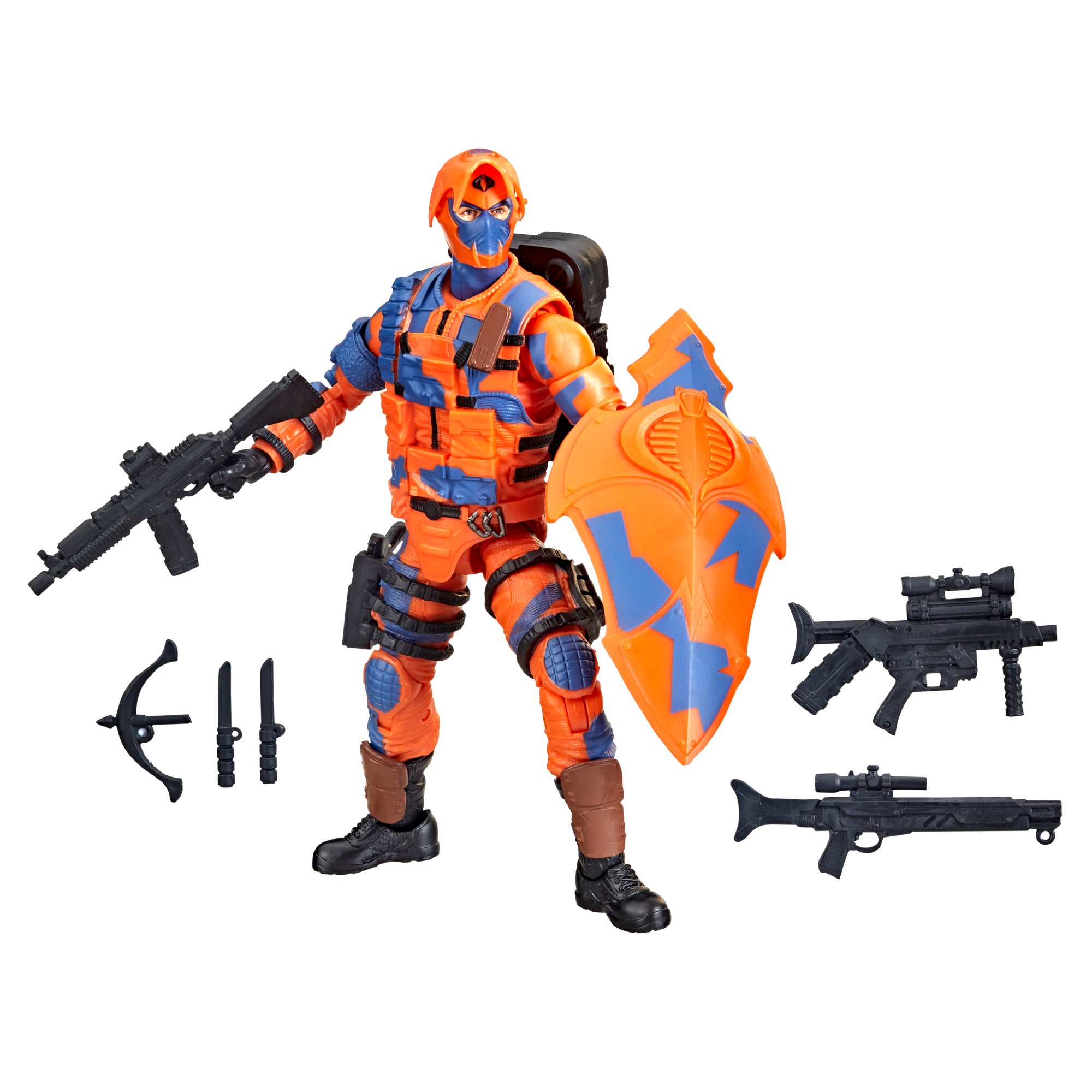 G.I. Joe Classified Series Alley Viper white background figure with Cobra shield and 9 accessories laid out