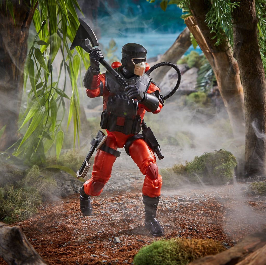 G.I. Joe Classified Series Barbecue jungle diorama running with fire axe raised and backpack tank