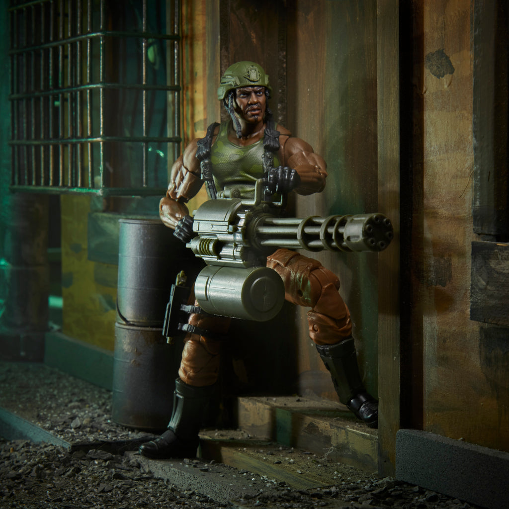 G.I. Joe Classified Series Heavy Artillery Roadblock close-up aiming minigun with helmet