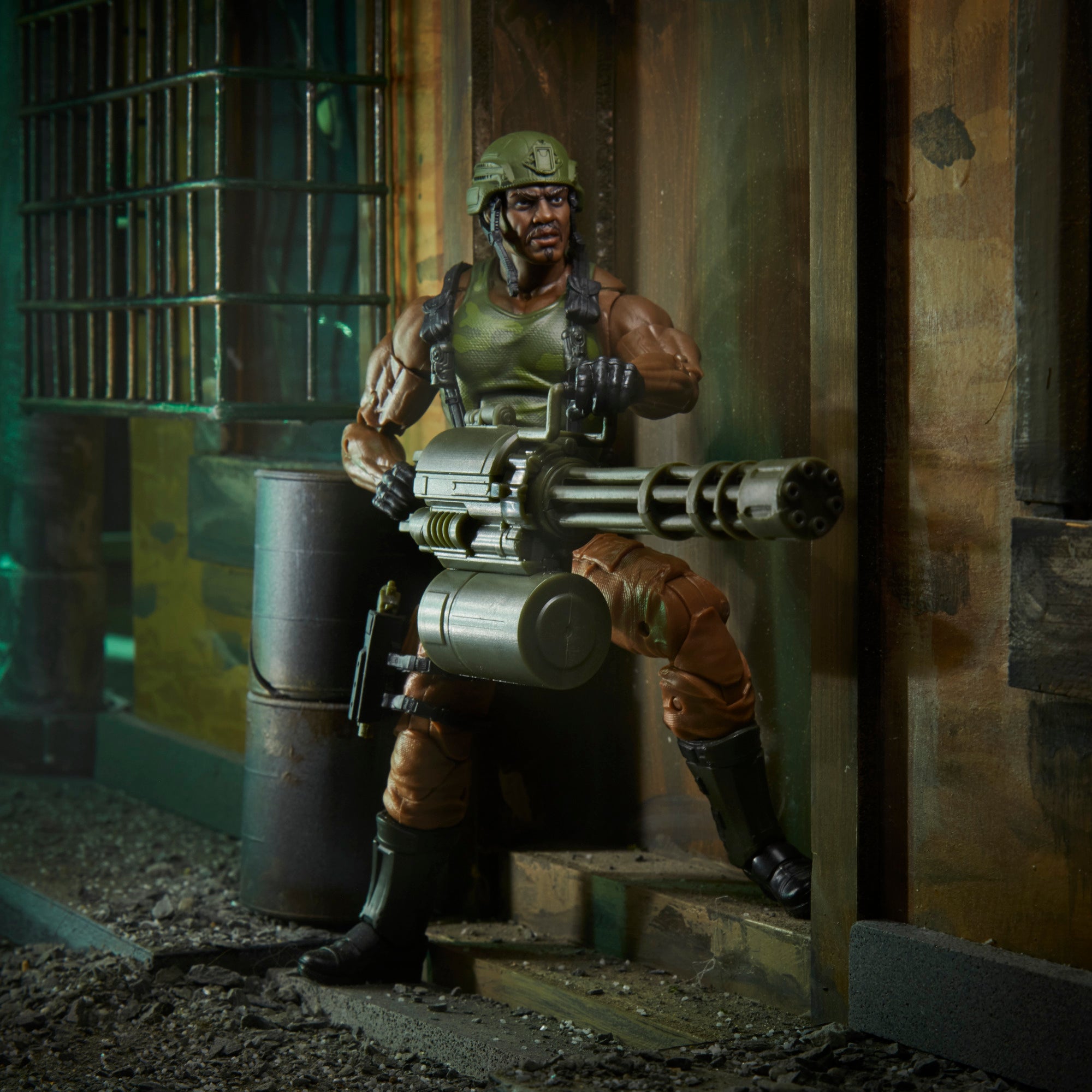 G.I. Joe Classified Series Heavy Artillery Roadblock close-up aiming minigun with helmet