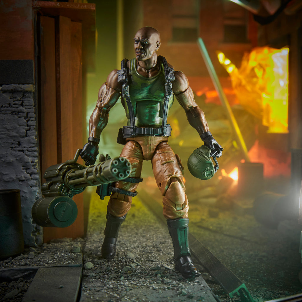 G.I. Joe Classified Series Heavy Artillery Roadblock walking through urban diorama with minigun