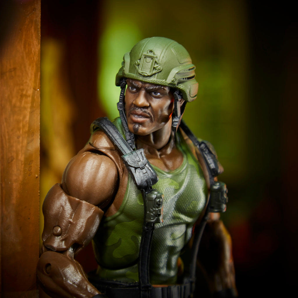G.I. Joe Classified Series Heavy Artillery Roadblock close-up portrait with helmet in urban setting