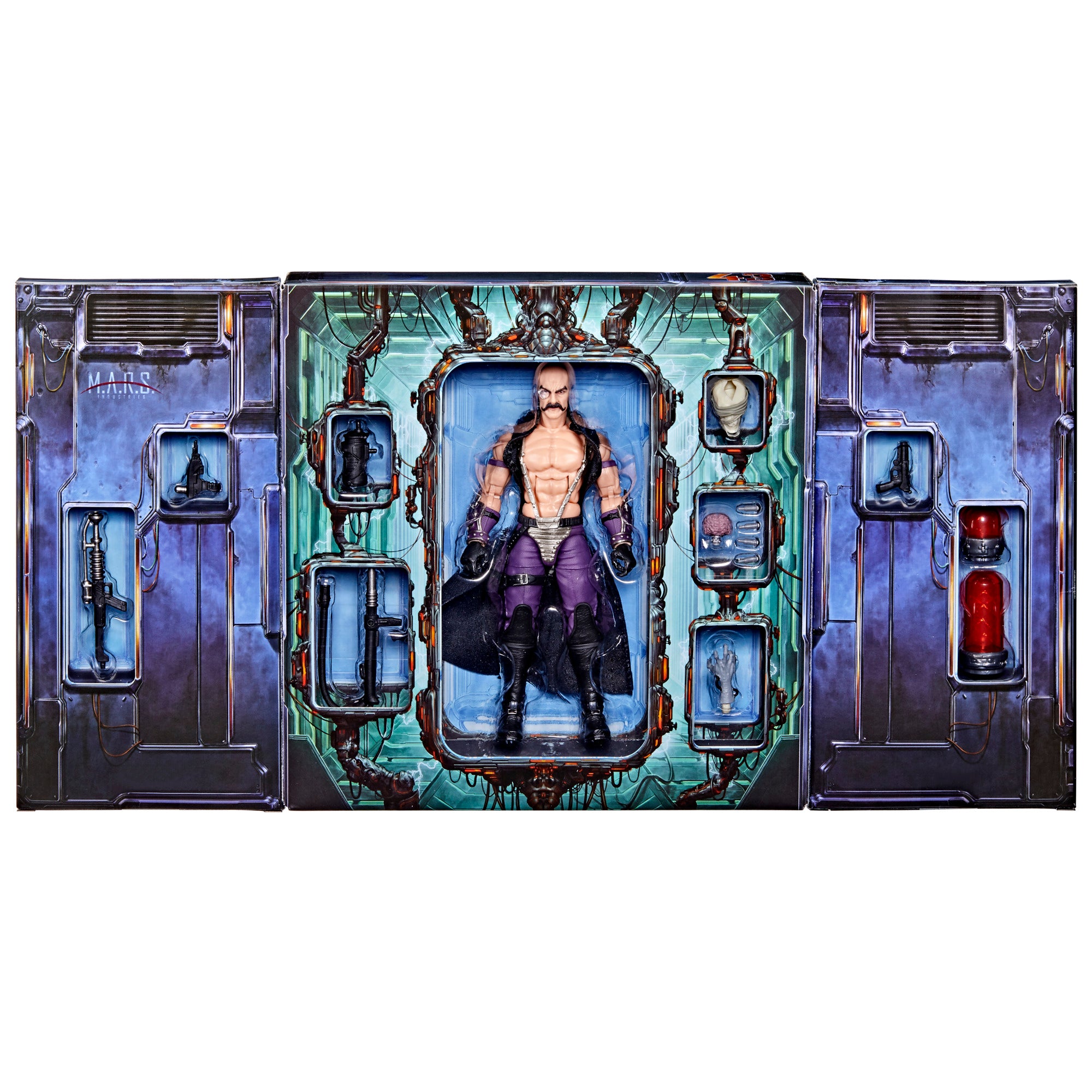 G.I. Joe Classified Series Dr. Mindbender M.A.R.S. trifold packaging open showing all 18 accessories in individual compartments