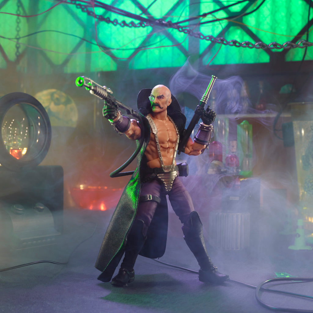 G.I. Joe Classified Series Dr. Mindbender overseeing Cobra troopers in M.A.R.S. lab diorama with Python Patrol figures in background