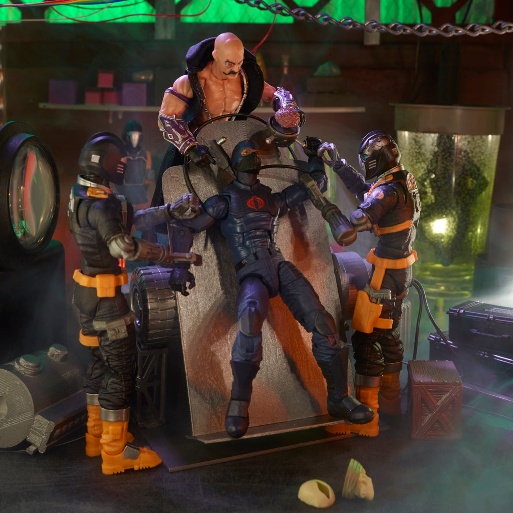 G.I. Joe Classified Series Dr. Mindbender dual-wielding pistol and SMG in M.A.R.S. lab diorama with smoke effect wide stance