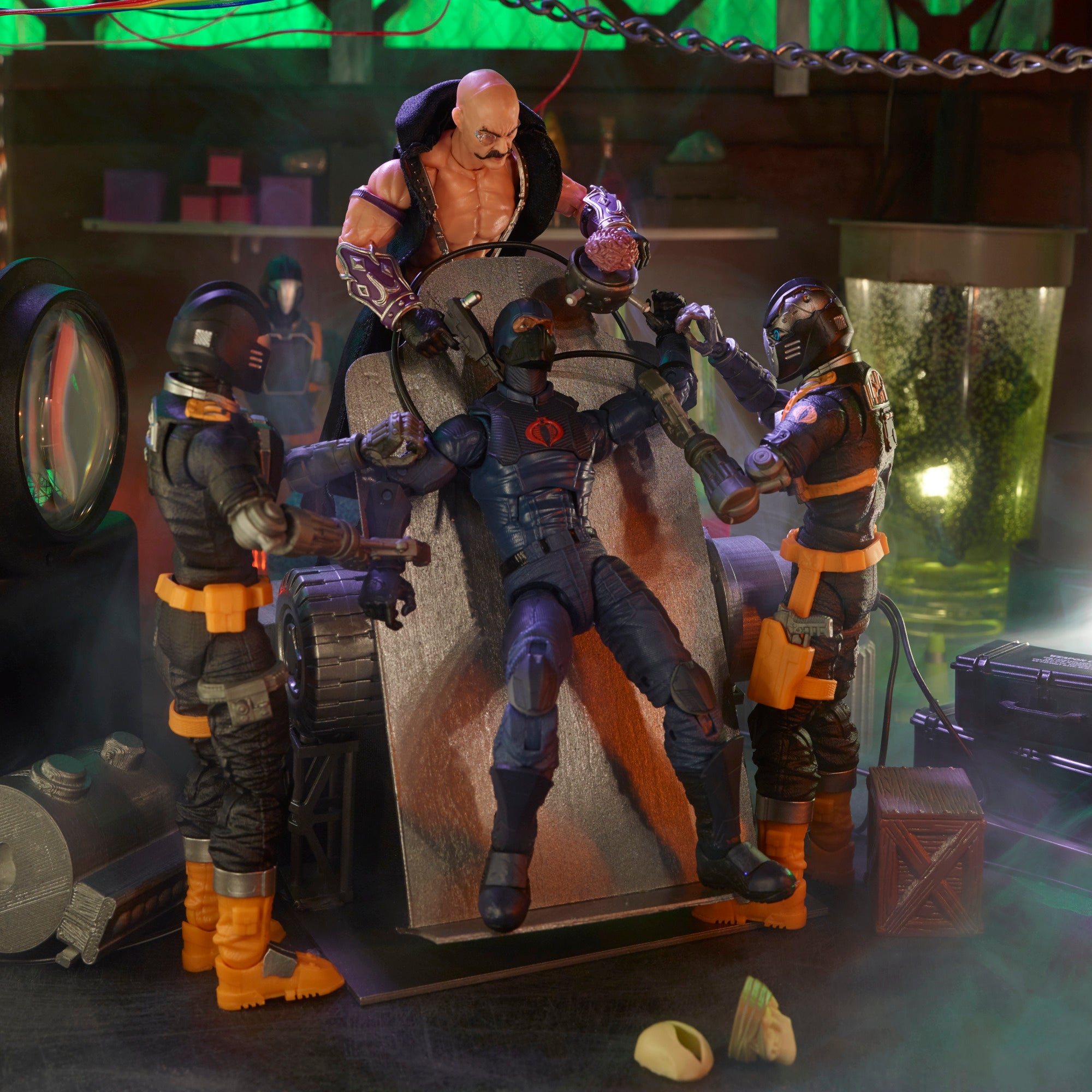 G.I. Joe Classified Series Dr. Mindbender dual-wielding pistol and SMG in M.A.R.S. lab diorama with smoke effect wide stance