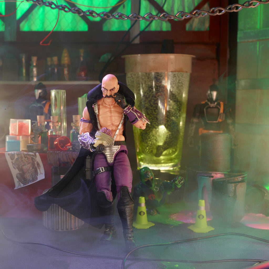 G.I. Joe Classified Series Dr. Mindbender close-up in M.A.R.S. lab diorama holding brain specimen with green glow and lab equipment