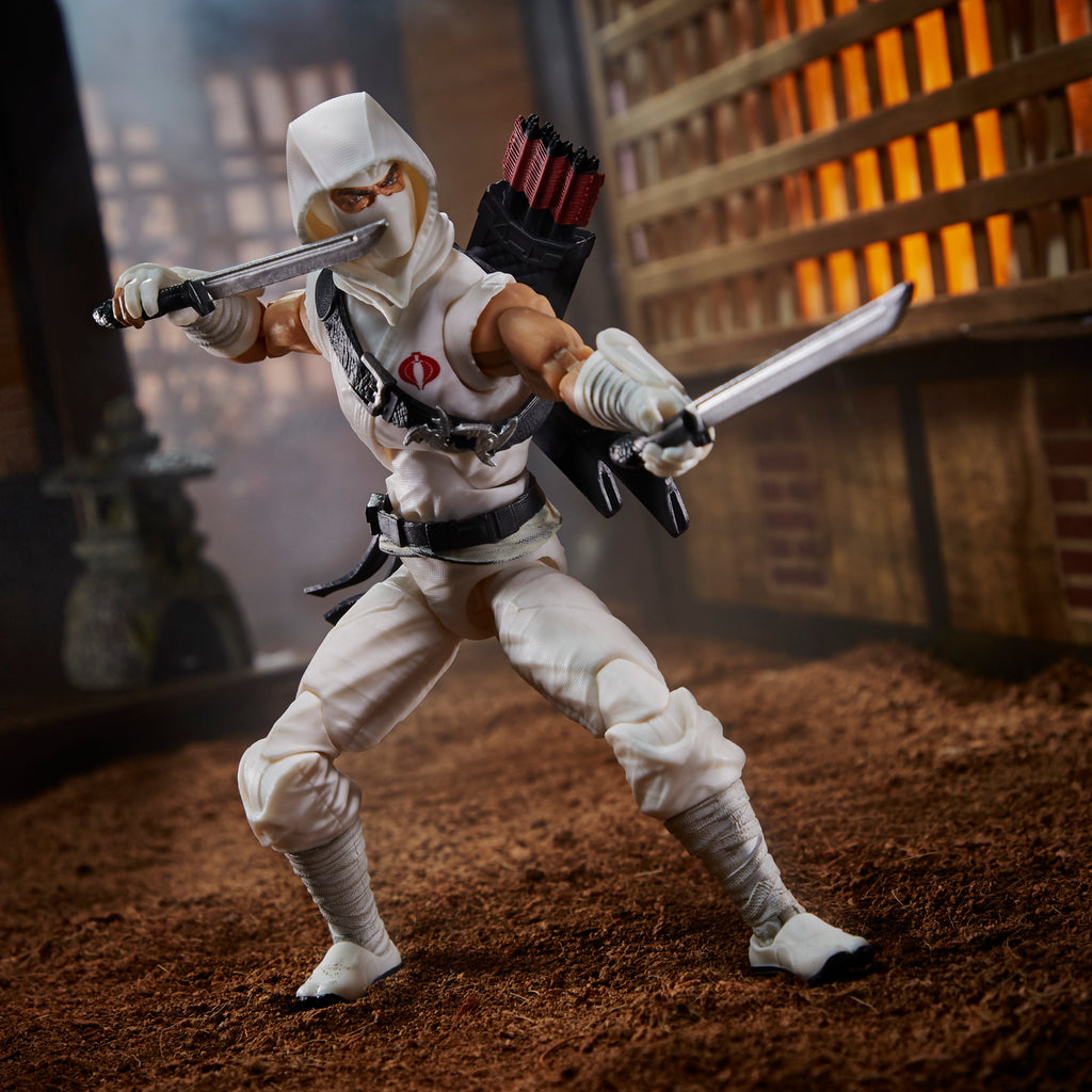 G.I. Joe Classified Series Storm Shadow dual-wielding katanas in wide fighting stance in Japanese dojo diorama