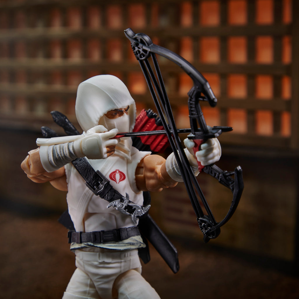 G.I. Joe Classified Series Storm Shadow aiming compound bow in Japanese dojo diorama with glowing lanterns