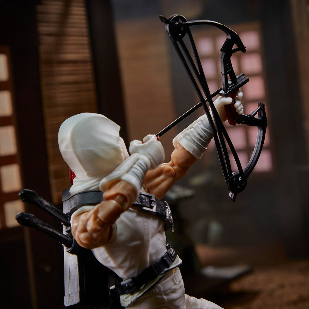 G.I. Joe Classified Series Storm Shadow rear view drawing compound bow on rooftop diorama
