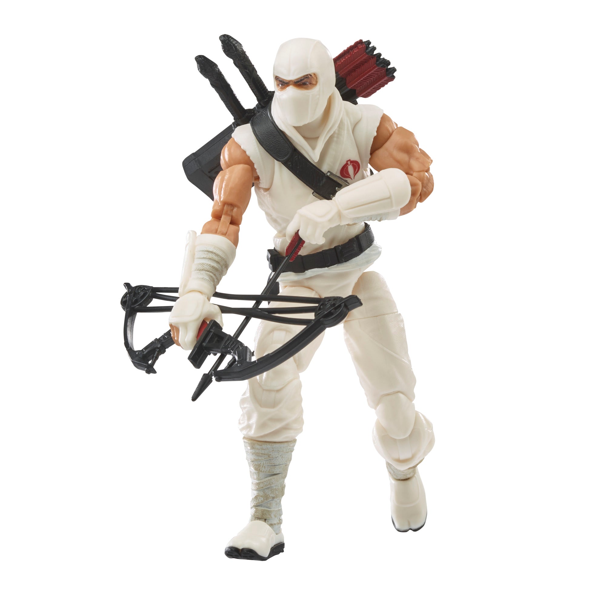 G.I. Joe Classified Series Storm Shadow white background figure with all 9 accessories including compound bow and dual katanas