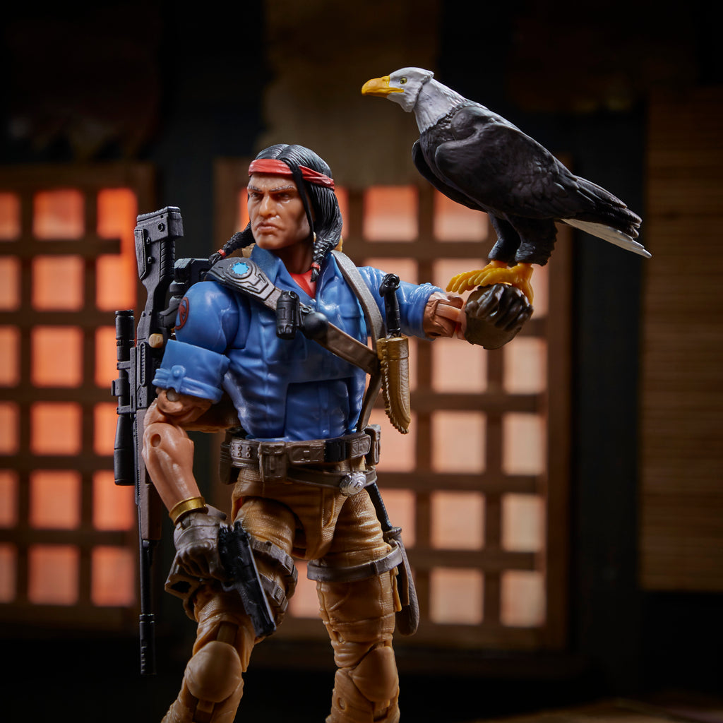 G.I. Joe Classified Series Spirit Iron-Knife close-up holding knife in dojo diorama with warm lantern light
