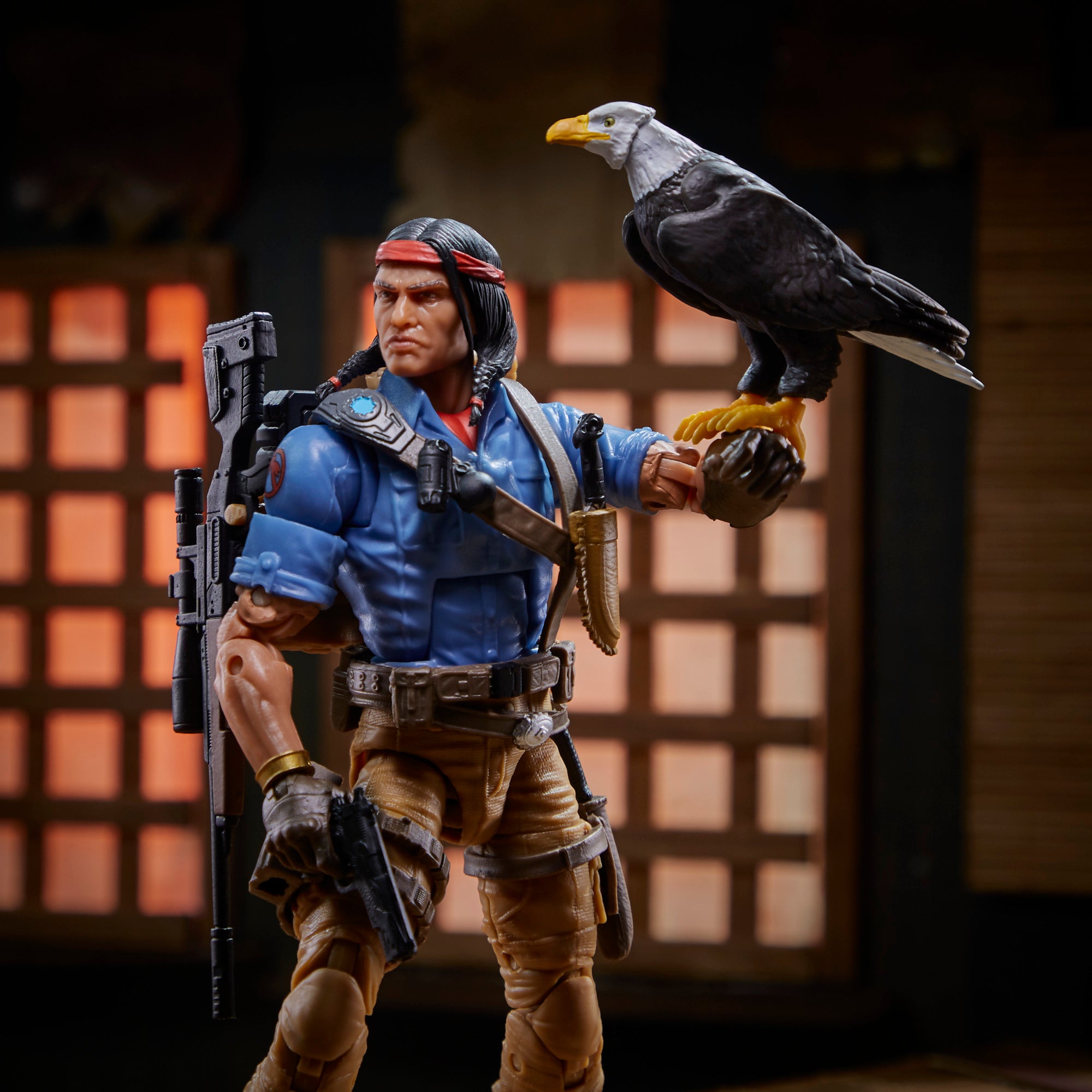 G.I. Joe Classified Series Spirit Iron-Knife close-up holding knife in dojo diorama with warm lantern light