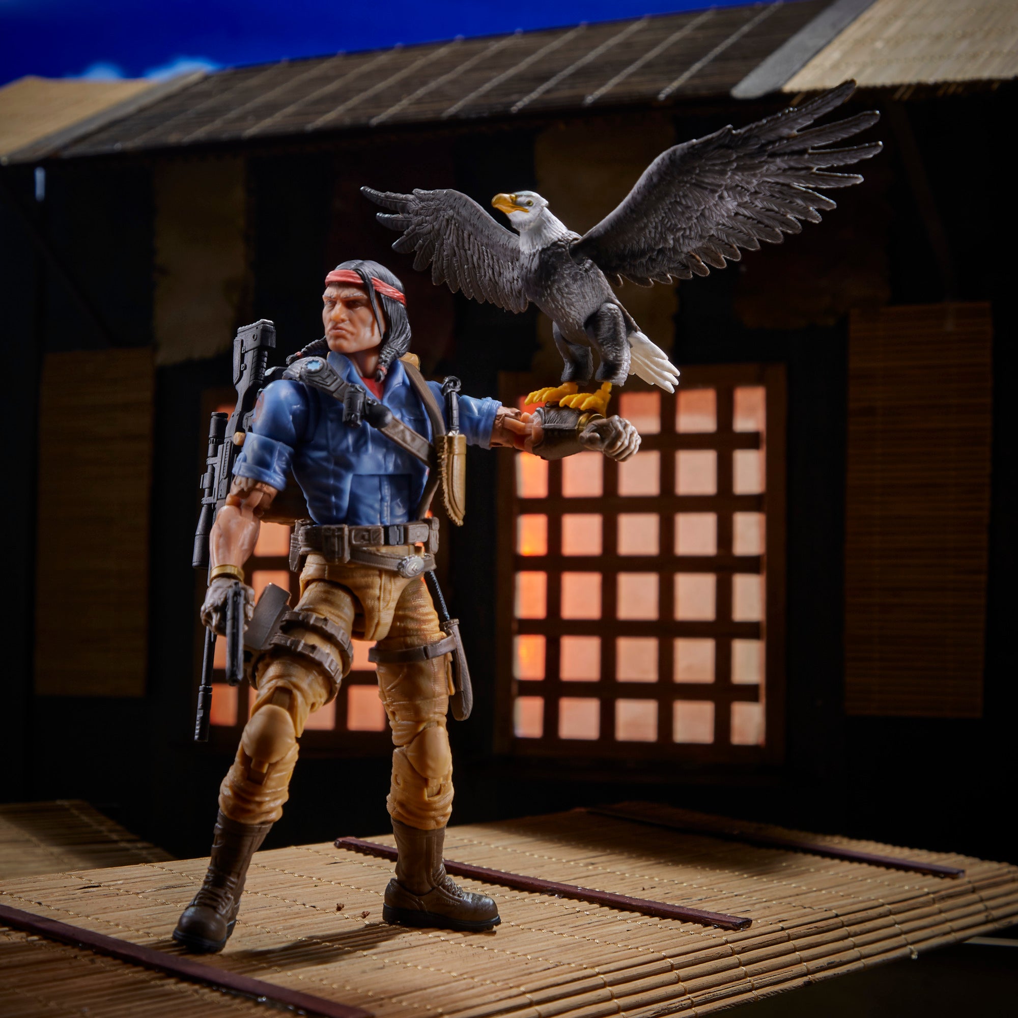 G.I. Joe Classified Series Spirit Iron-Knife standing in Japanese dojo diorama with Freedom eagle wings spread on shoulder