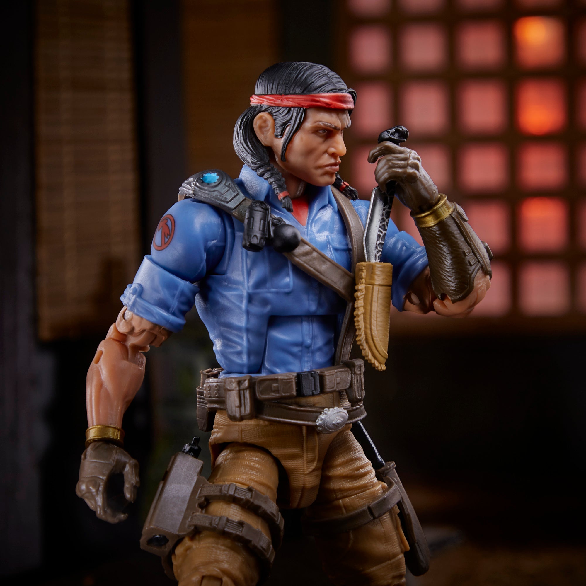G.I. Joe Classified Series Spirit Iron-Knife rear three-quarter view raising tomahawk in dojo diorama