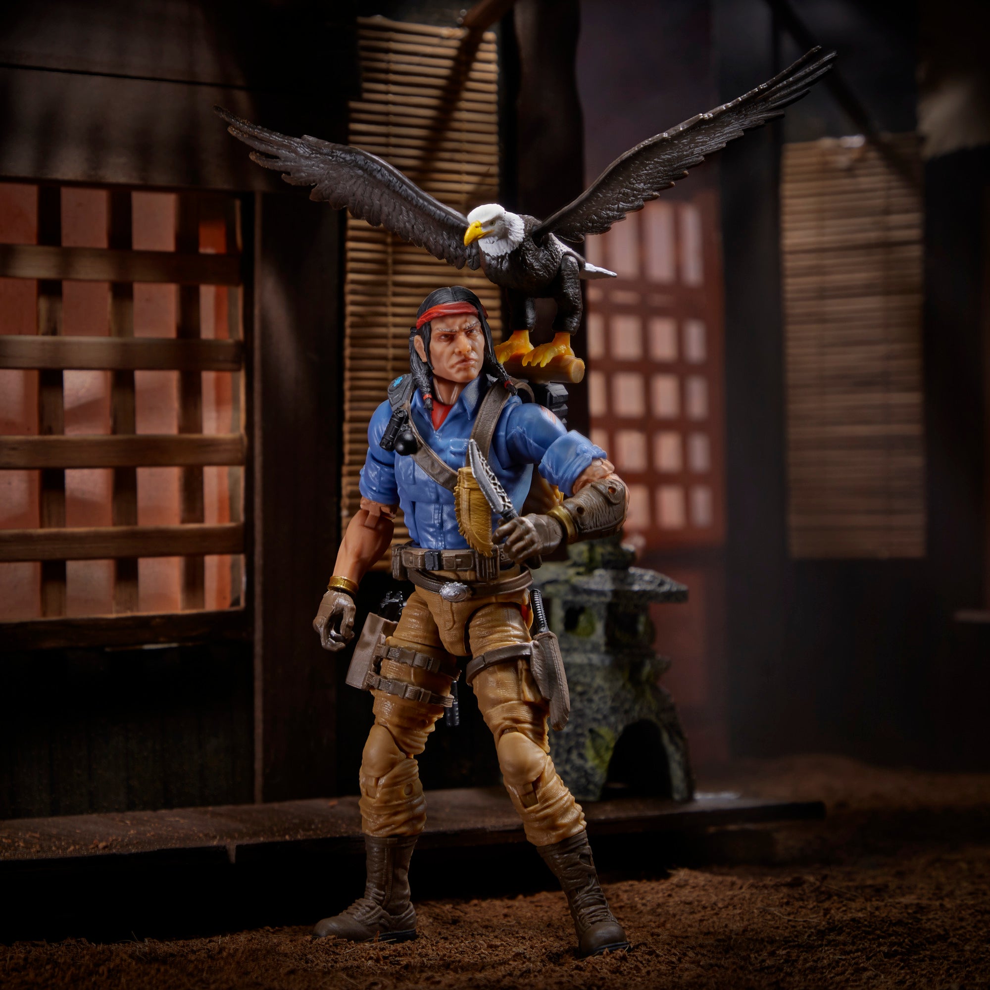 G.I. Joe Classified Series Spirit Iron-Knife holding Freedom eagle on outstretched arm in dojo diorama