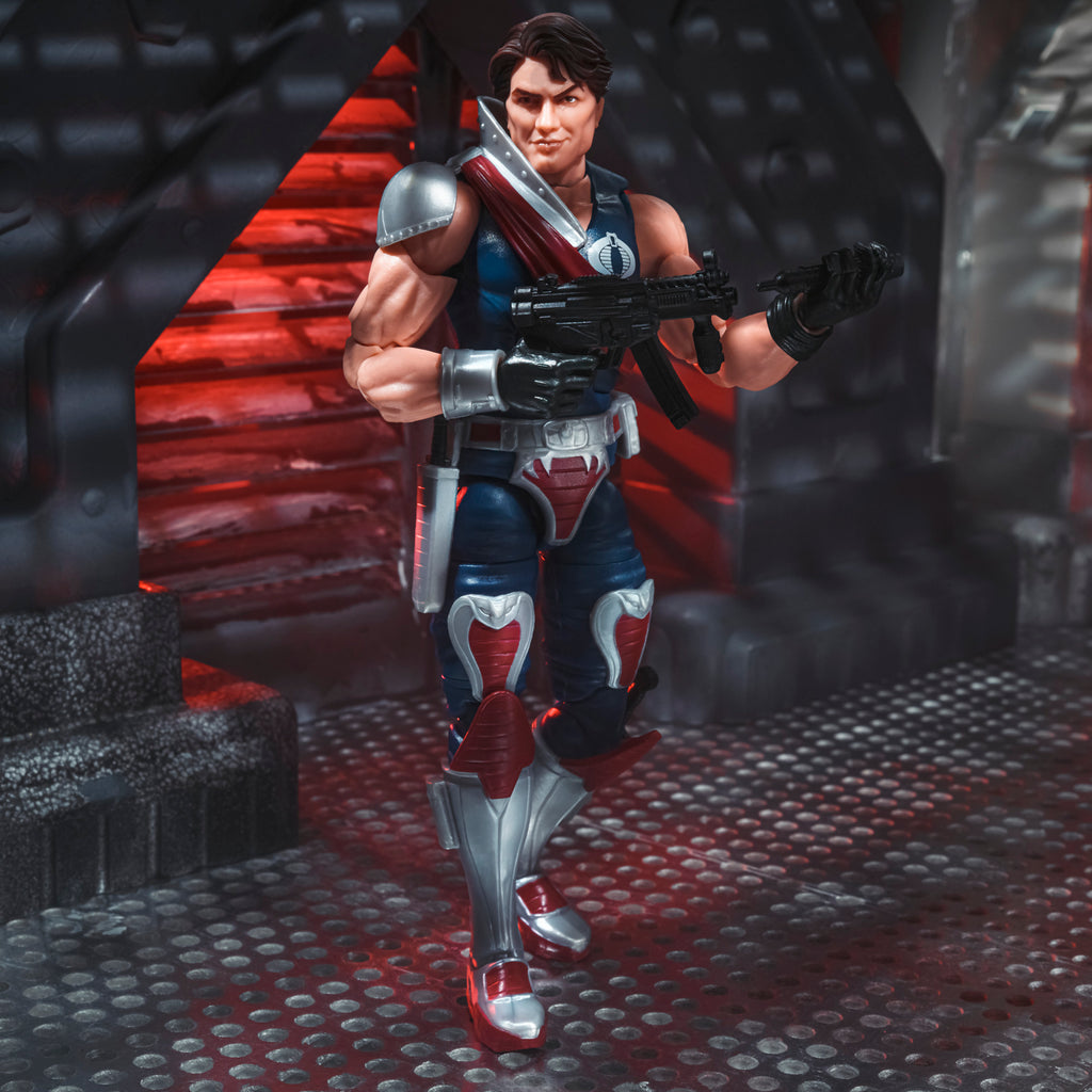 G.I. Joe Classified Series Tomax Paoli running in Cobra corridor diorama holding SMG with knife at hip