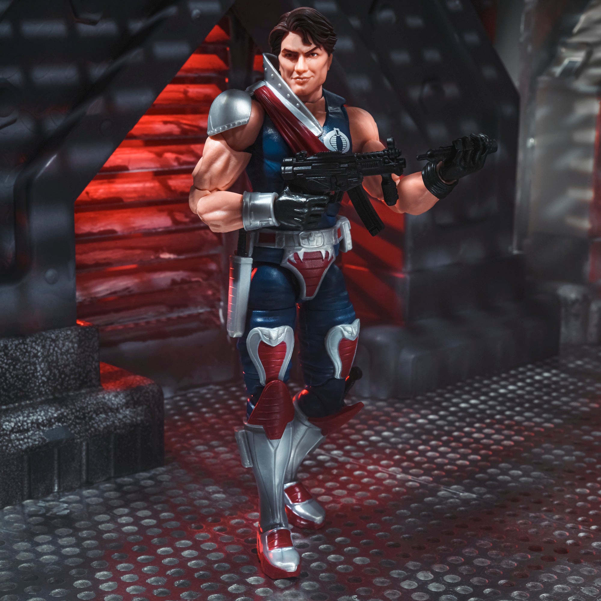 G.I. Joe Classified Series Tomax Paoli running in Cobra corridor diorama holding SMG with knife at hip