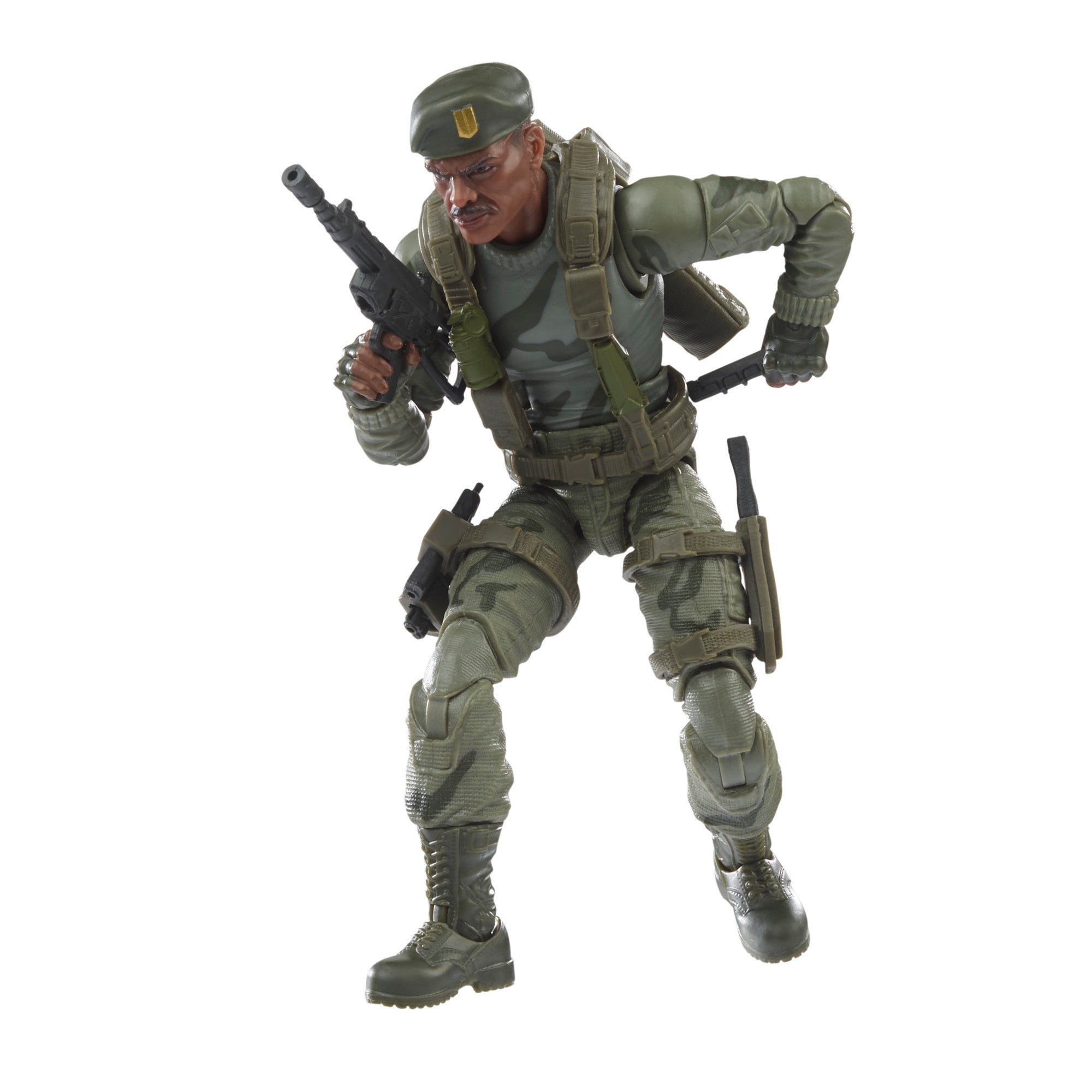 G.I. Joe Classified Series Stalker Wilkinson white background action pose holding assault rifle with sling in olive drab camo uniform and green beret