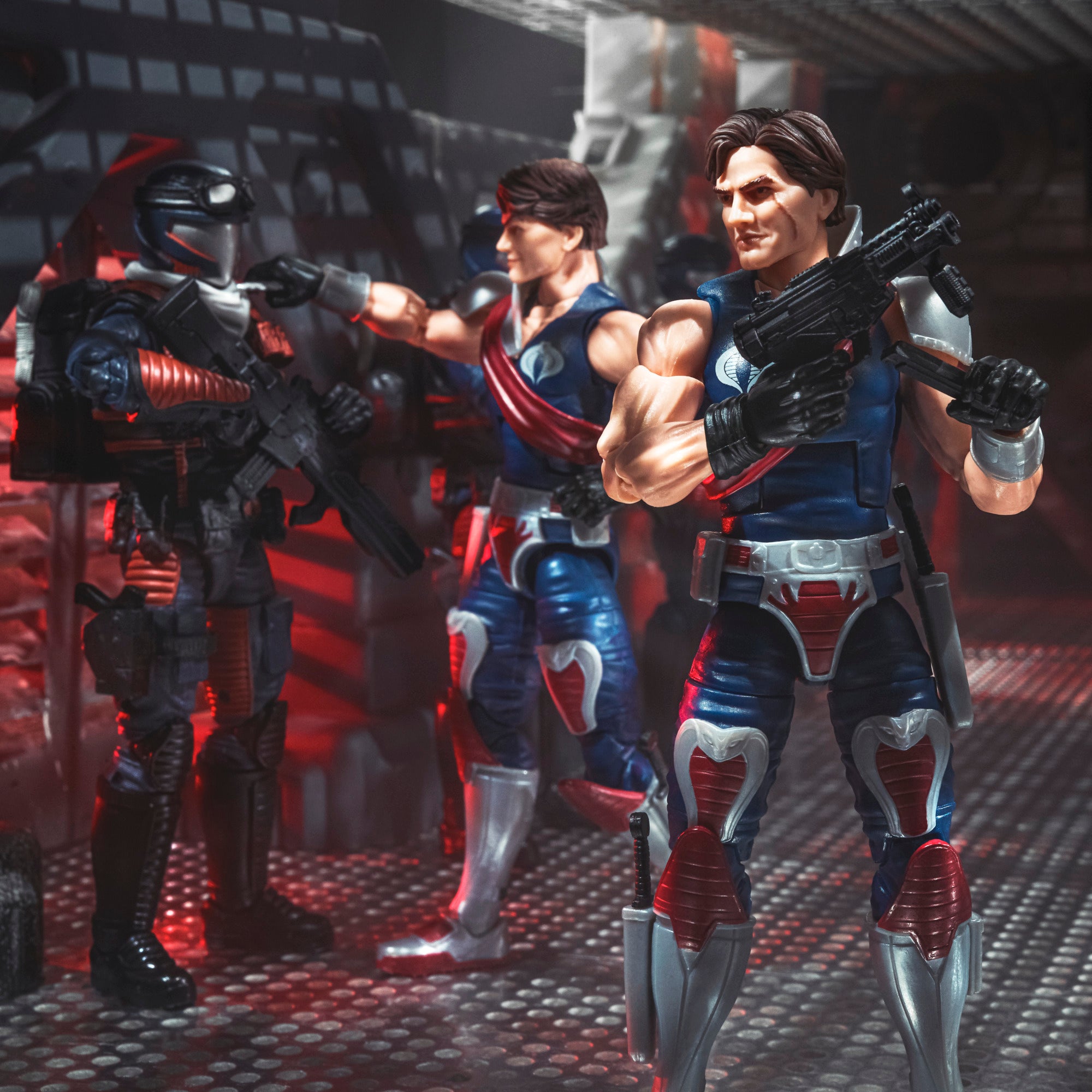 G.I. Joe Classified Series Xamot Paoli standing in Cobra corridor diorama holding pistol with Tomax and Cobra trooper in background