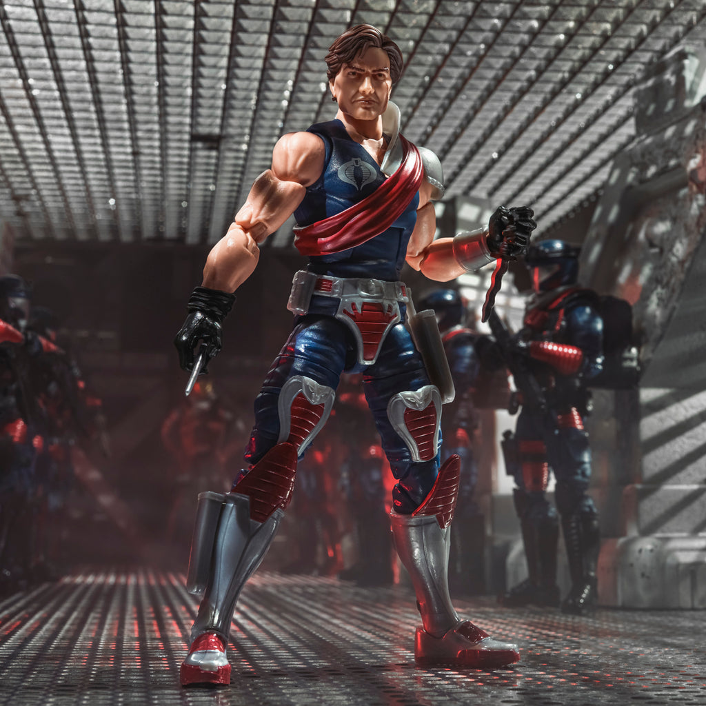 G.I. Joe Classified Series Xamot Paoli commanding Cobra troopers in corridor diorama holding SMG with army of Crimson Guards behind him