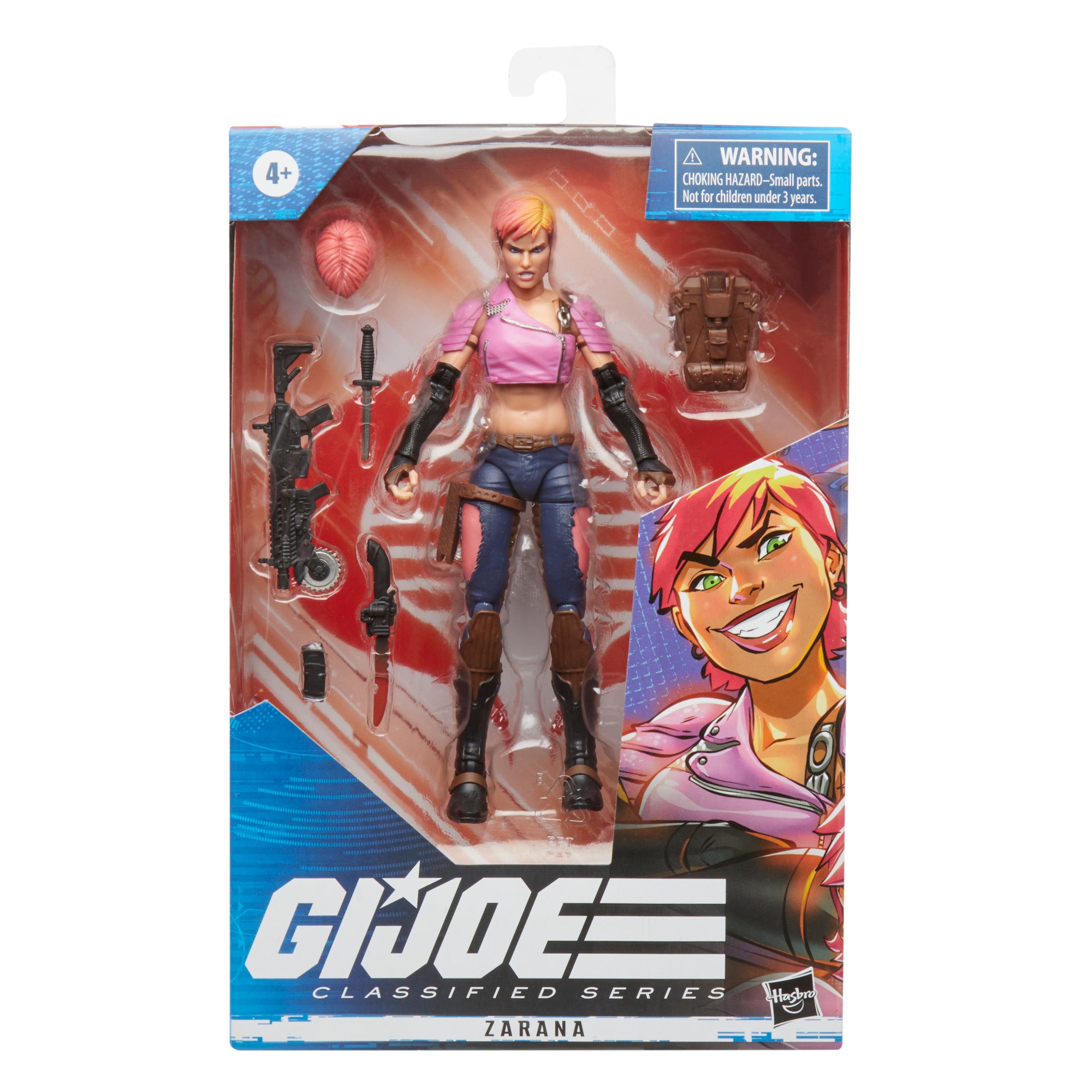 G.I. Joe Classified Series Zarana box packaging front view with Marcus Williams art showing figure and 6 accessories including saw-blade rifle