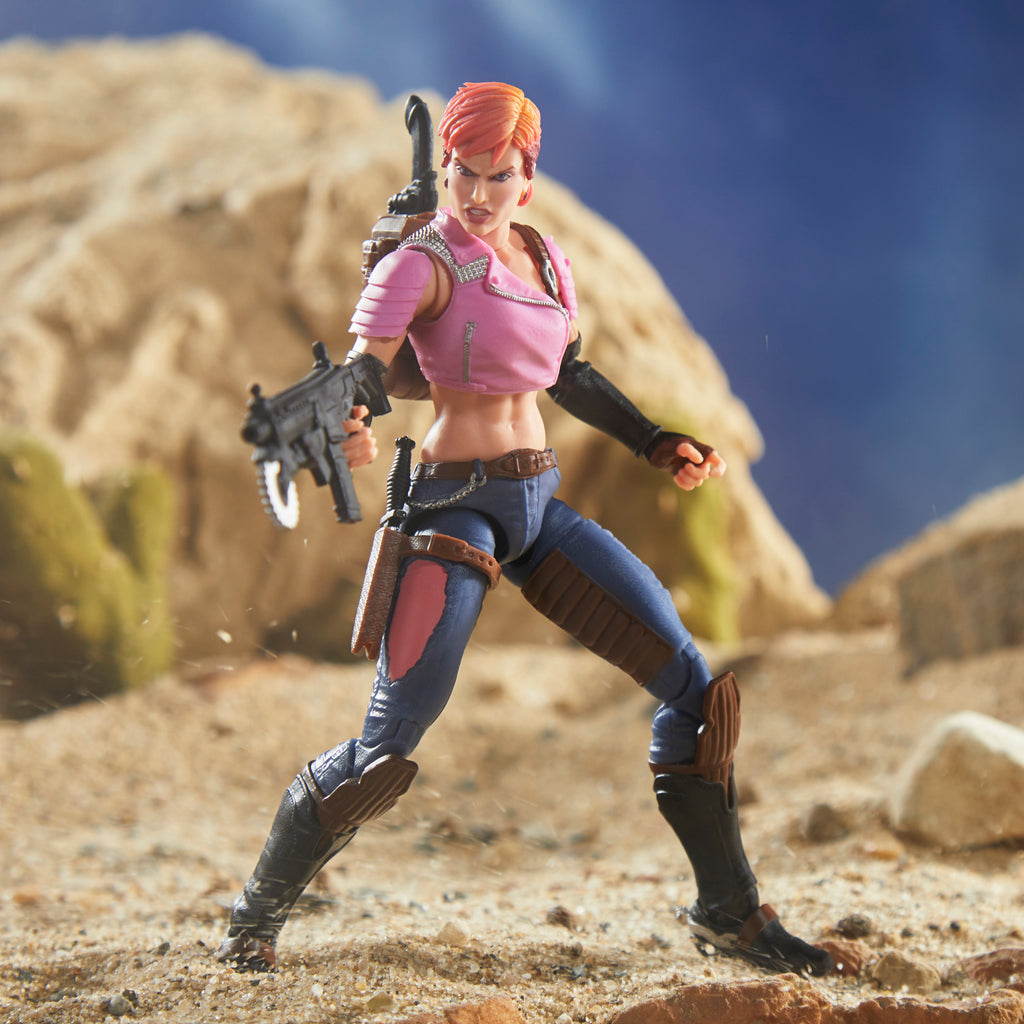 G.I. Joe Classified Series Zarana desert diorama striding forward holding SMG pistol with knife at hip and backpack