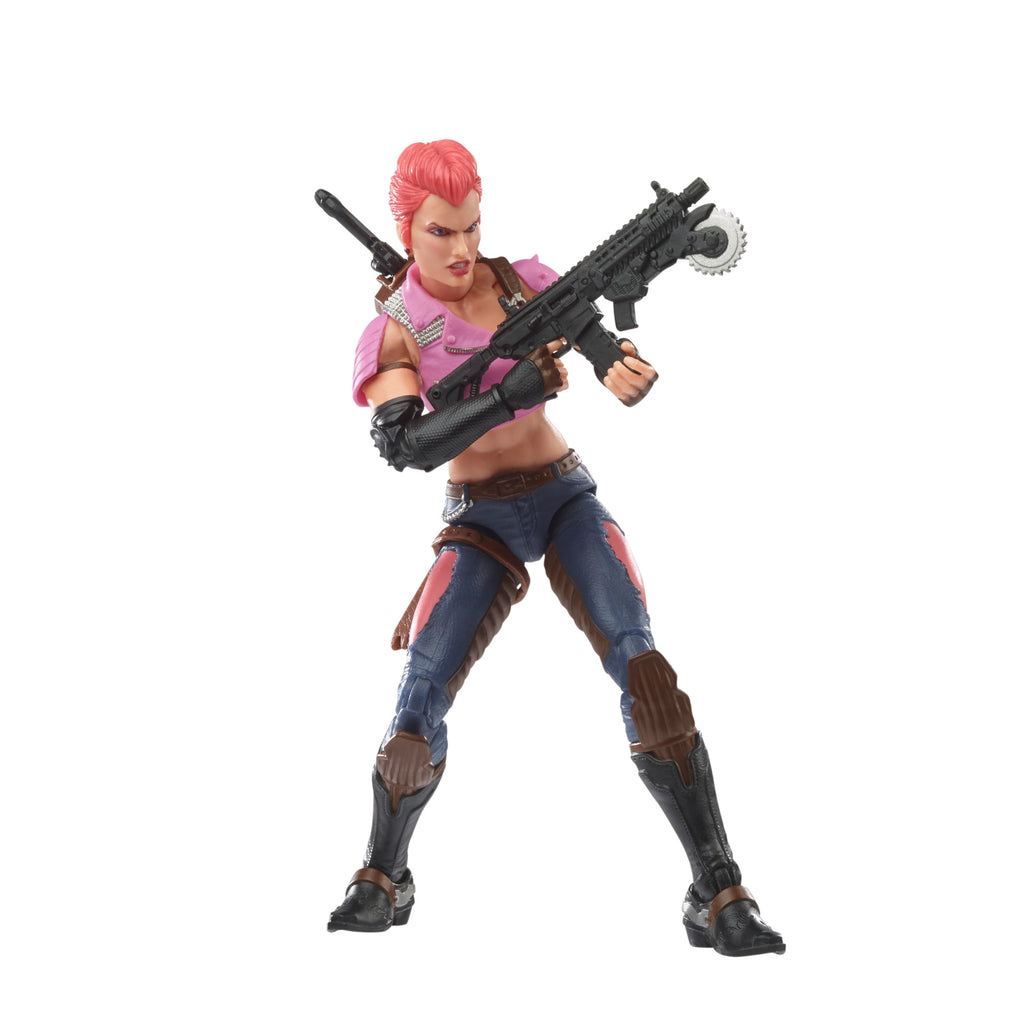 G.I. Joe Classified Series Zarana white background wide stance holding assault rifle with circular saw blade attachment in both hands