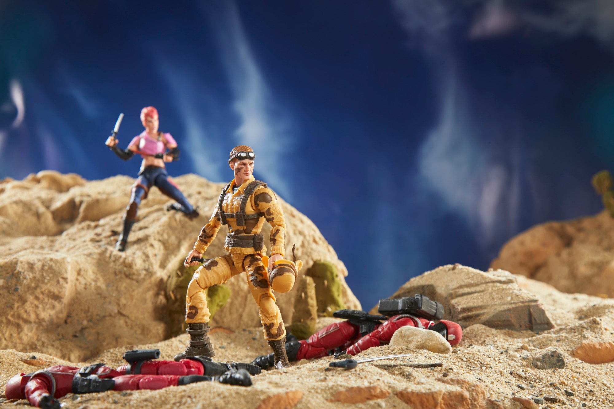 G.I. Joe Classified Series Dusty and Zarana crossover desert diorama lifestyle shot
