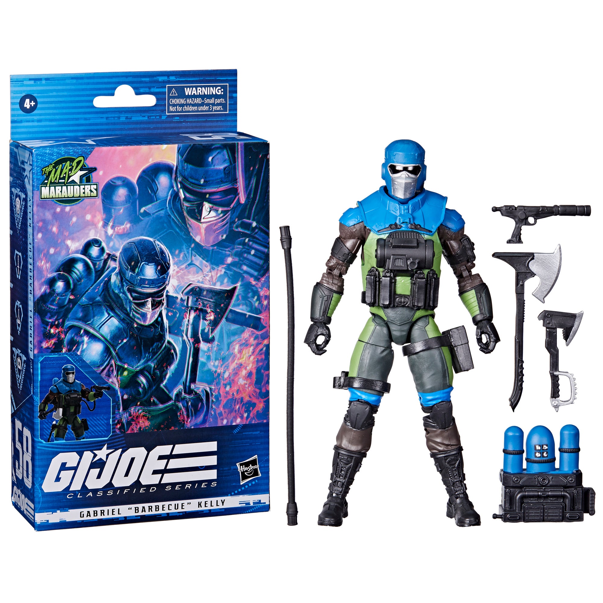 G.I. Joe Classified Series Mad Marauders Barbecue white background combo flat lay with all 5 accessories and extinguisher backpack