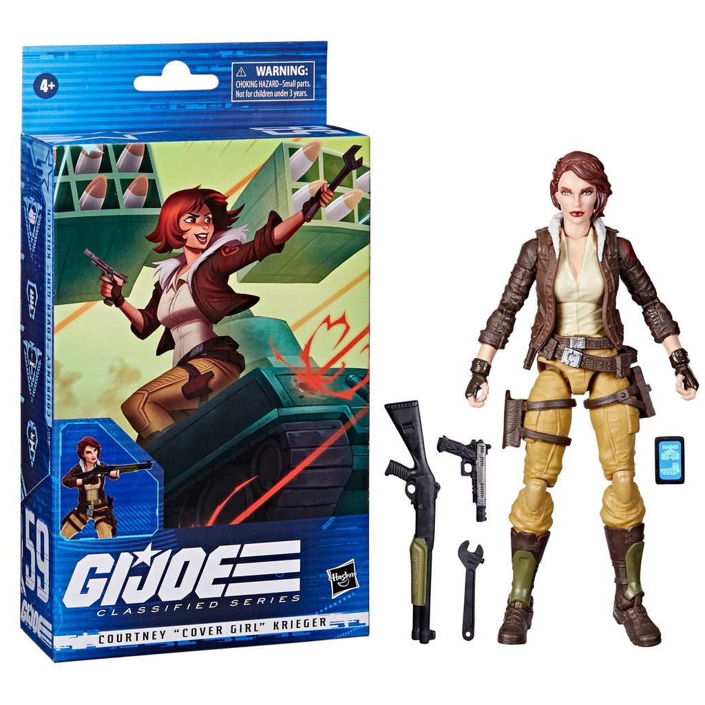 G.I. Joe Classified Series Cover Girl white background combo flat lay with all 4 accessories: shotgun, pistol, wrench, data pad
