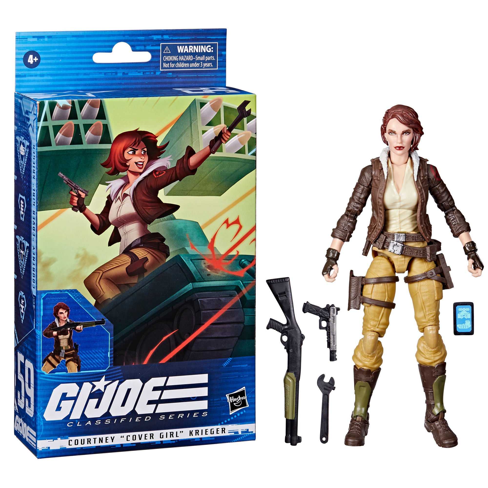 G.I. Joe Classified Series Cover Girl white background combo flat lay with all 4 accessories: shotgun, pistol, wrench, data pad