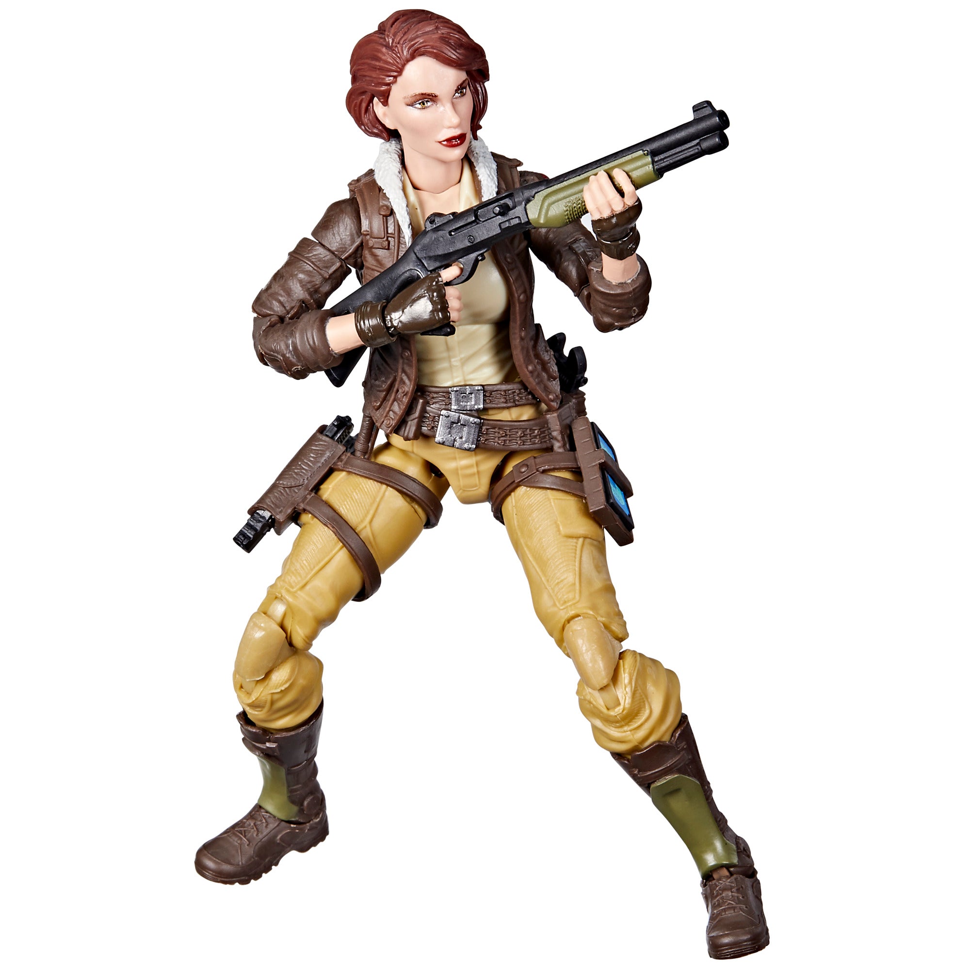 G.I. Joe Classified Series Cover Girl white background detail front shot in brown leather jacket and yellow cargo pants