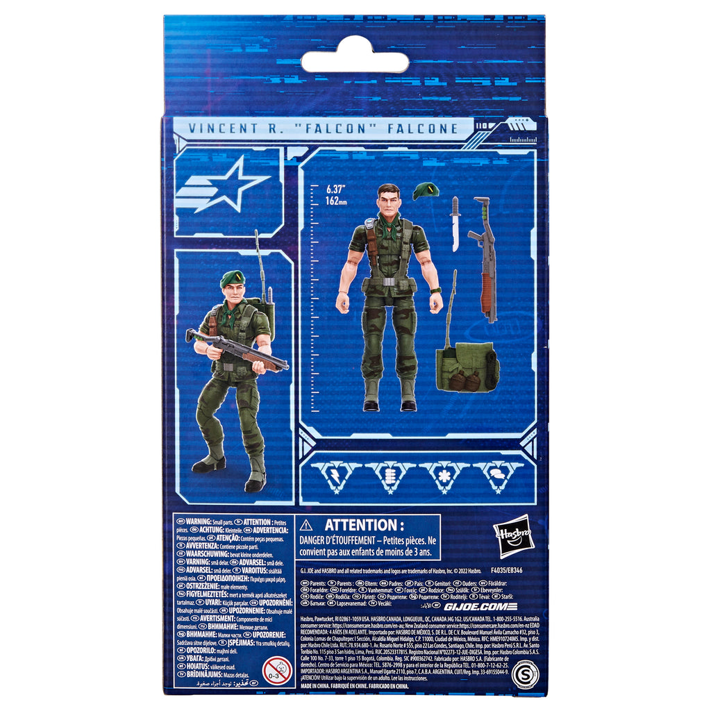 G.I. Joe Classified Series Falcon box back showing figure scale and accessory layout