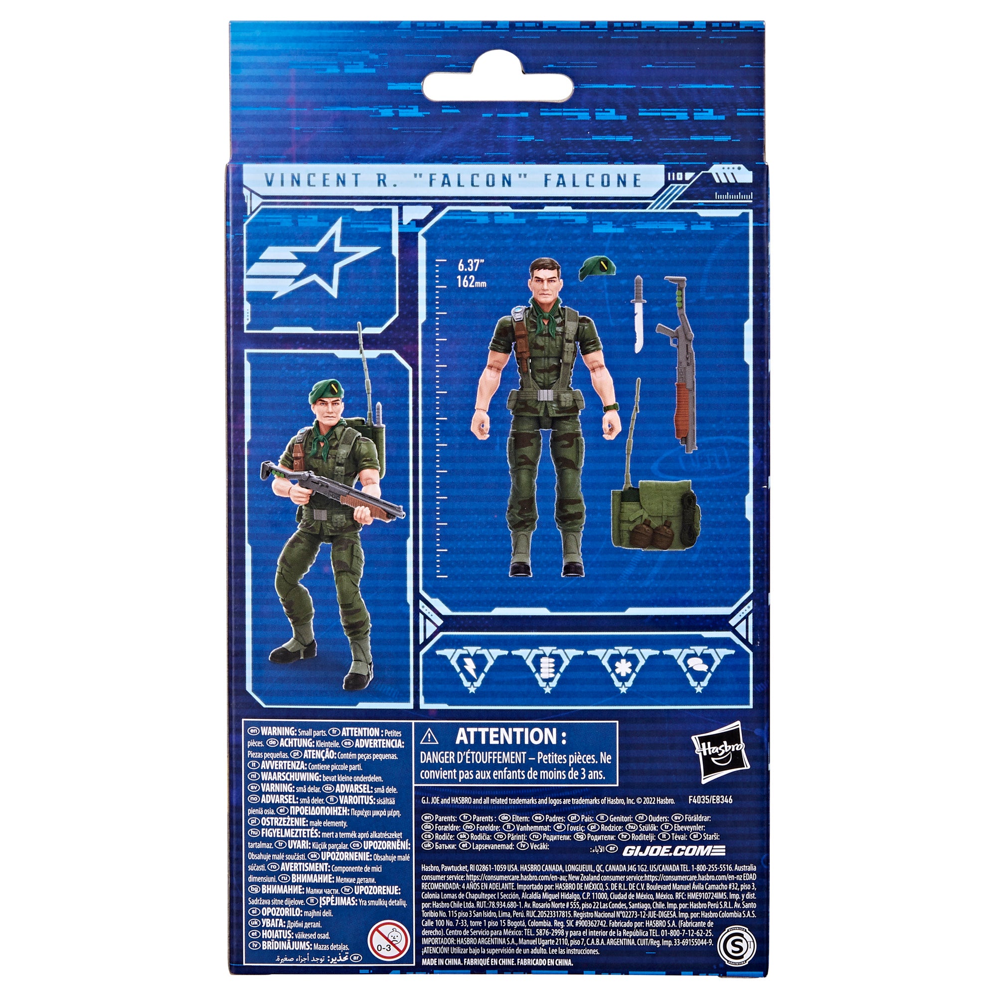 G.I. Joe Classified Series Falcon box back showing figure scale and accessory layout