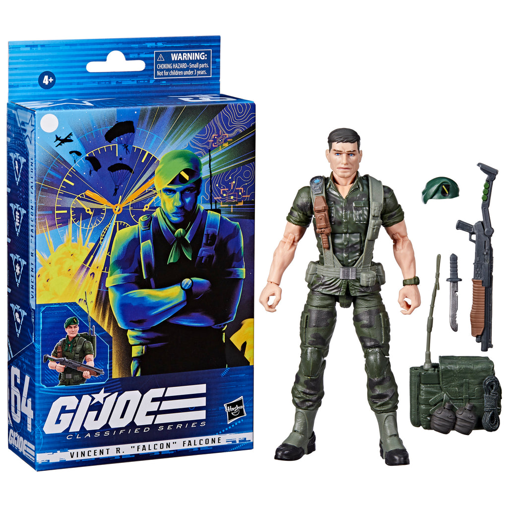 G.I. Joe Classified Series Falcon white background combo flat lay with all 4 accessories: beret, shotgun, knife, field radio backpack