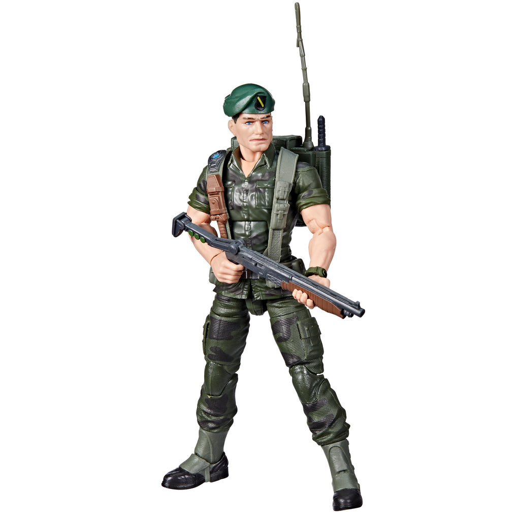 G.I. Joe Classified Series Falcon white background detail front shot in olive camo shirt with brown harness