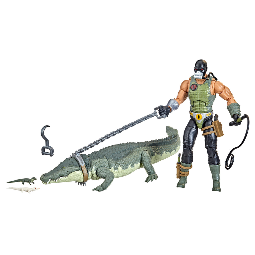 G.I. Joe Classified Series Croc Master & Fiona white background with Fiona crocodile on chain leash, hook, and baby croc figures
