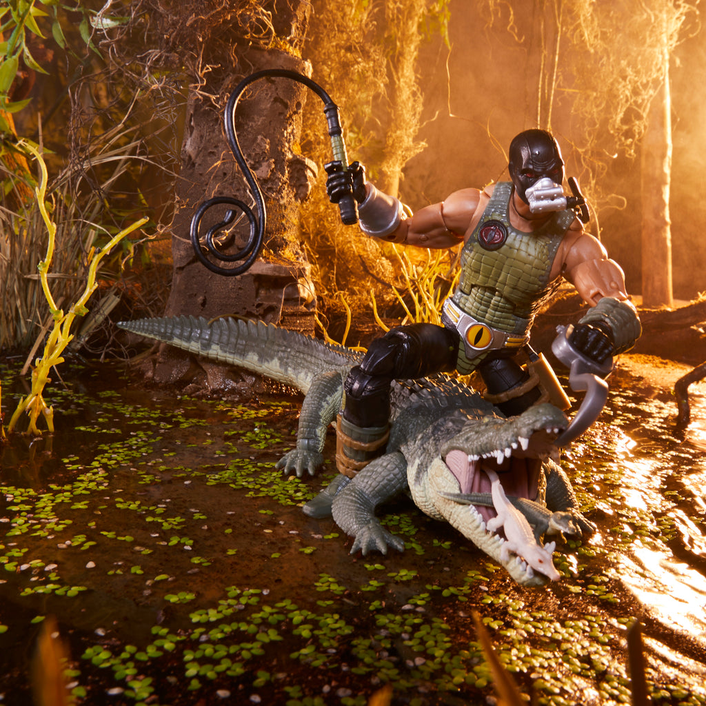 G.I. Joe Classified Series Croc Master riding Fiona crocodile through jungle swamp diorama swinging whip