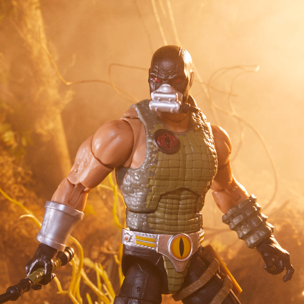 G.I. Joe Classified Series Fiona crocodile close-up in swamp diorama with open jaws and chain collar detail