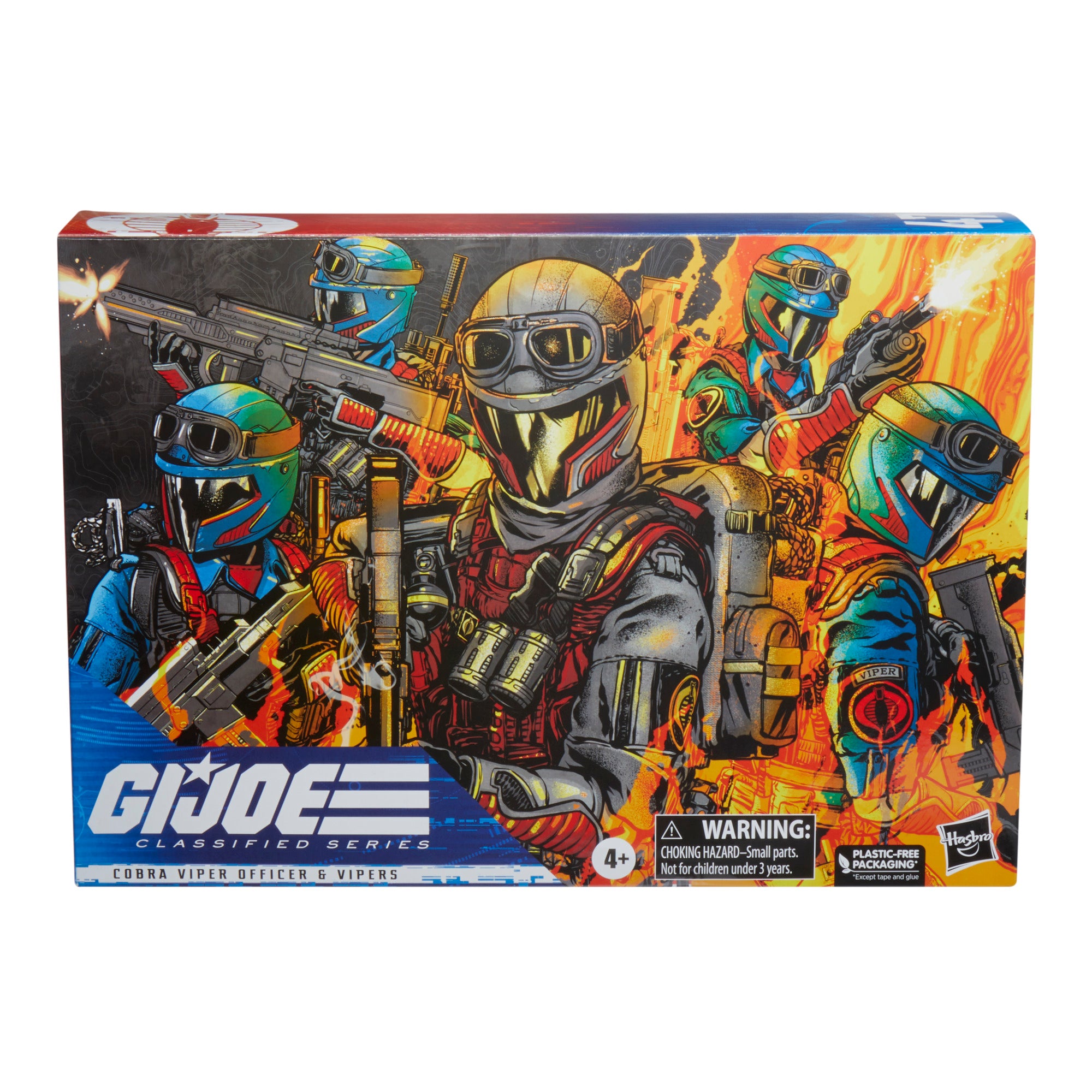 G.I. Joe Classified Series Cobra Viper Officer & Vipers three figures white background with all 32 accessories laid out including blast effects and backpack