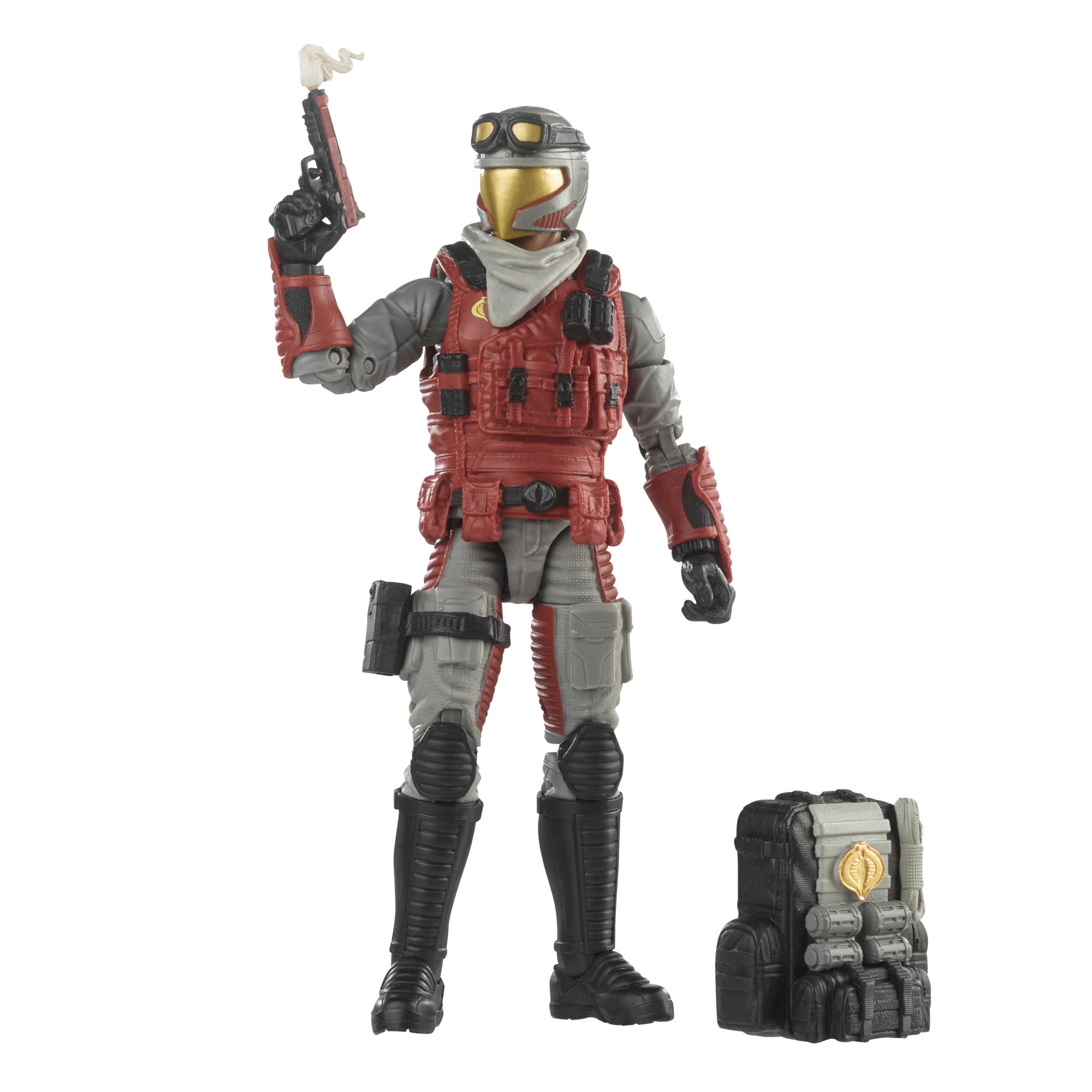 G.I. Joe Classified Series Cobra Viper Officer close-up white background holding pistol with smoke effect and Cobra tactical backpack beside him