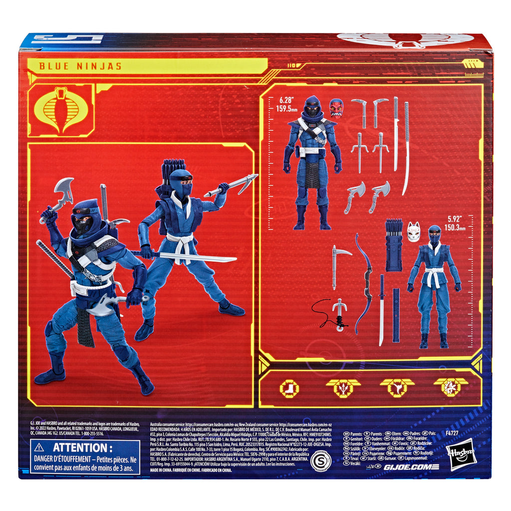 G.I. Joe Classified Series Blue Ninjas 2-Pack box back showing figure scale measurements, accessory layout and character art